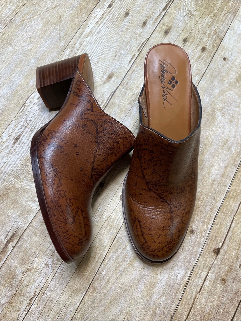 Patricia Nash Brown Leather Nicia Map Print Mules Clogs
